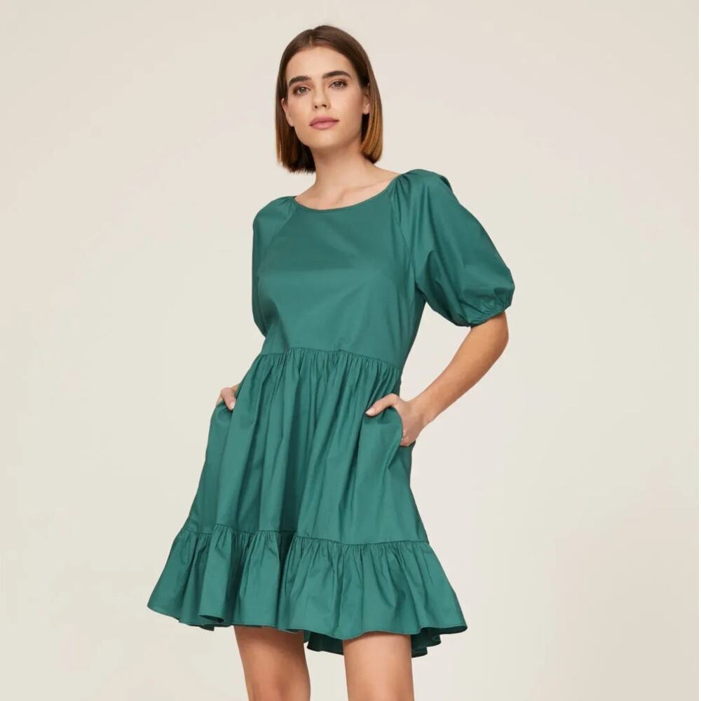 Peter Som x RTR Green Puff Sleeve Mini Dress Ruffled Open Back Tiered Size 0